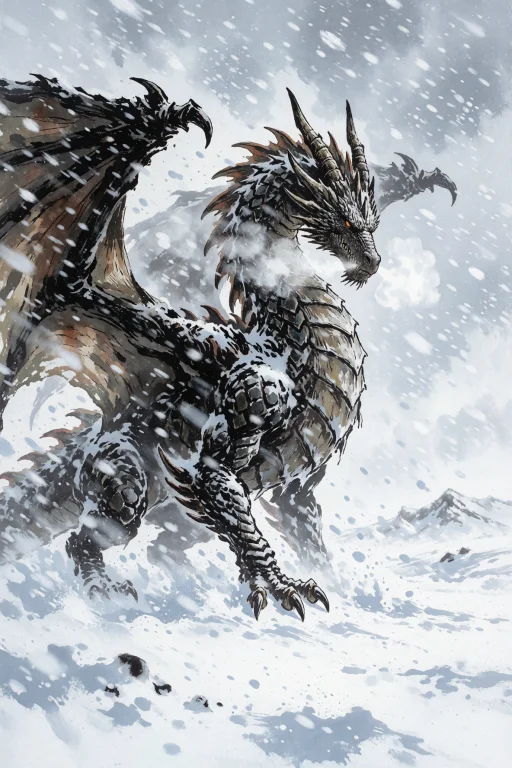 Dragon Standing Alone In A Vast Snowfield During A Blizzard....