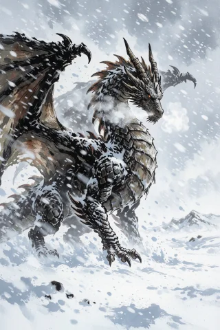 Dragon Standing Alone In A Vast Snowfield During A Blizzard.... — Stable Diffusion AI Prompt: dragon standing alone in a vast snowfield during a blizzard. Snow swirls around...