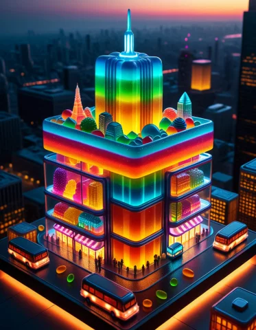 10. A Vast Futuristic Metropolis Completely Fabricated From... — SDXL AI Prompt: 10. A vast futuristic metropolis completely fabricated from translucent gummy ca...