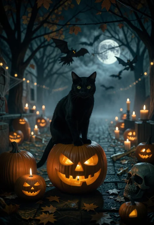 Halloween1.1, Black Cat Is Sitting On Top Of A Halloween Pum...
