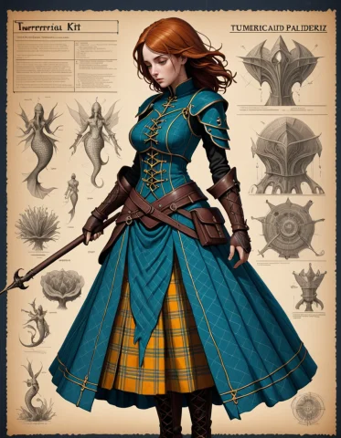 Loraorganicmacabre1 Teal Outline Of Vignette Halberdier In A... — SDXL AI Prompt: Teal outline of Vignette Halberdier in a Turmeric Woolen kilt with tartan patte...