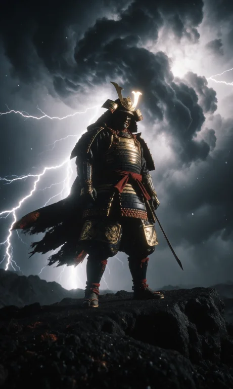 A Cinematic Wide-angle Shot Of A Mythical Samurai Shogun Sta...