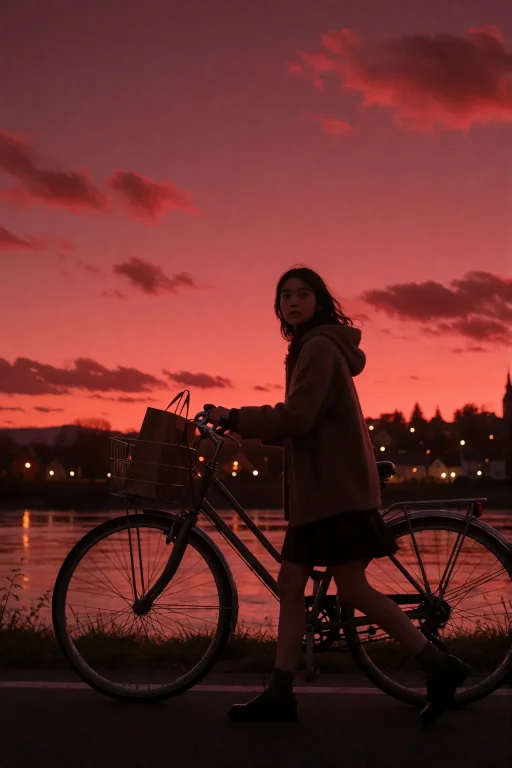 Realistic Photography,a Girl Walks Along A Riverside Road, P...
