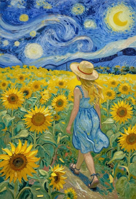 A Blonde Girl In A Straw Hat Is Walking Amongst The Sunflowe...