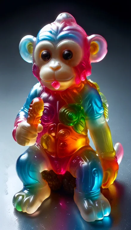 Monkey Sitting Holding Gun, Glossy Gummy Candy Sculpture Wea...