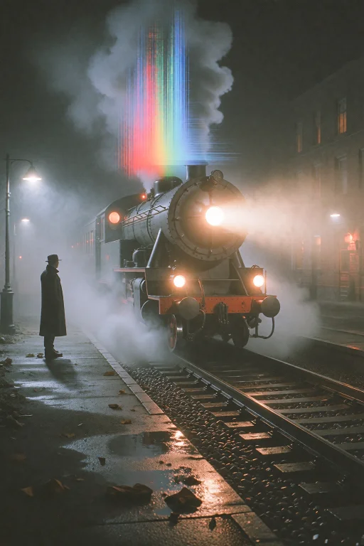 A Vintage Steam Train Emerging From Heavy Fog On A Dark Rail...