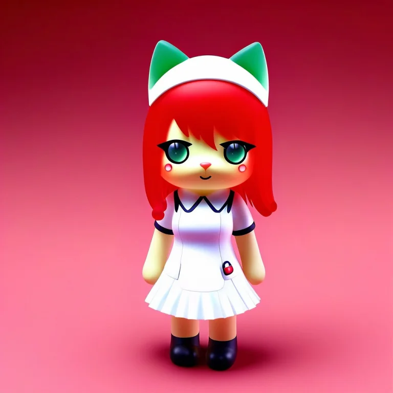 A 3d Chibi Anime Red Hair Cat Girl Wear Gummymorph Nurse Dre...
