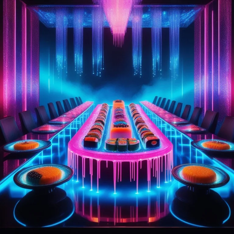 A Surreal Luxury Banquet Table, Food Made Of Glowing Neon Ge...