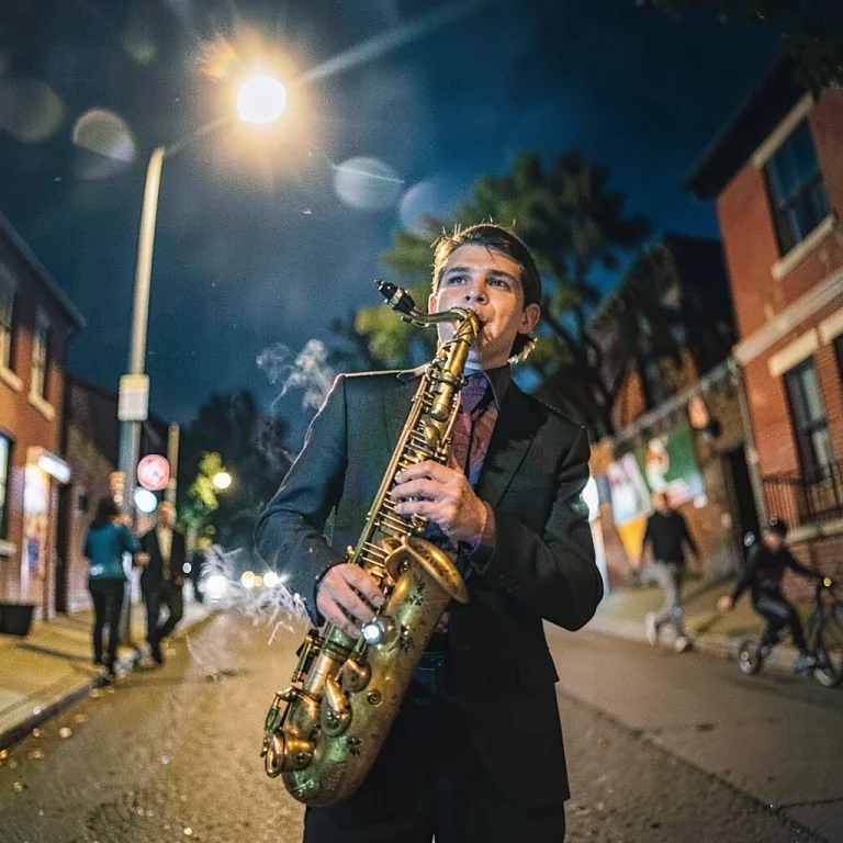A Street Musician Playing Saxophone Under A Streetlight, Doc...