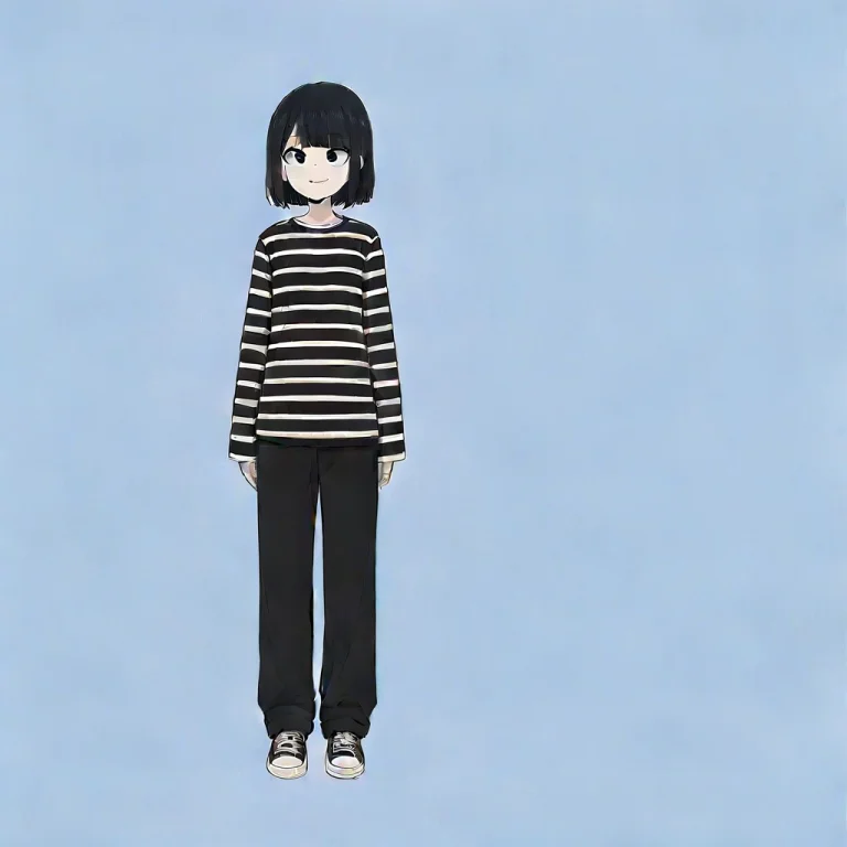 1girl, Pants, Shoes, Solo, Black Eyes, Black Hair, Full Body...