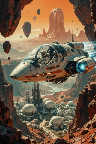 A Sleek White Spacecraft With Glowing Blue Thrusters Hovers... — Stable Diffusion AI Prompt: A sleek white spacecraft with glowing blue thrusters hovers over a rugged canyon...