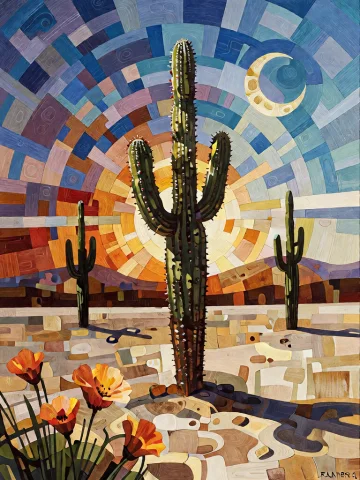 Bradhamel Art Style. A Surreal Desert Landscape Featuring A... — Stable Diffusion AI Prompt: Bradhamel art style. A surreal desert landscape featuring a towering saguaro cac...