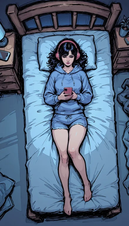 1girl, Hoodie, Headphones, Holding Phone, From Above, Lying,...