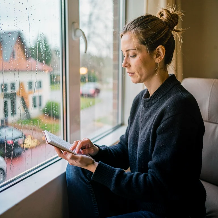 A Woman Reading On A Rainy Window Seat, 85mm Portrait Lens,...