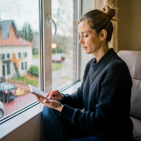 A Woman Reading On A Rainy Window Seat, 85mm Portrait Lens,... — Stable Diffusion AI Prompt: a woman reading on a rainy window seat, 85mm portrait lens, highly detailed