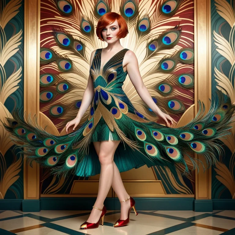 A Woman Wearing Peacock Feather Dress, Golden Heels, Short R...