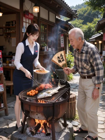 A Japanese Receptionist Wearing Vest — Stable Diffusion AI Prompt: a Japanese receptionist wearing vestと老人が一緒に民家で七輪で魚を焼き、団扇で扇...