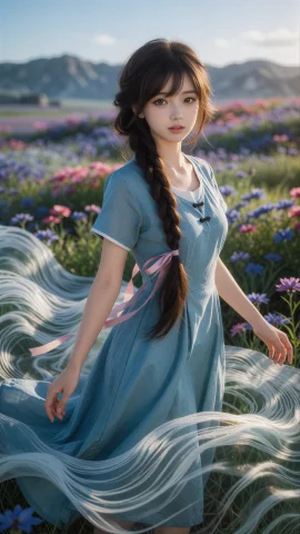 Sophie, 25 165cm Dslr 30 — Stable Diffusion AI Prompt: 苏菲(Sophie),在内蒙古大草原的黄昏侧光下，一位 25 岁的东方少女苏菲伫立于花海与草...