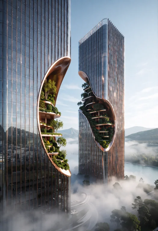Two Towering Glass Skyscrapers With Vertical Metallic Fins,...