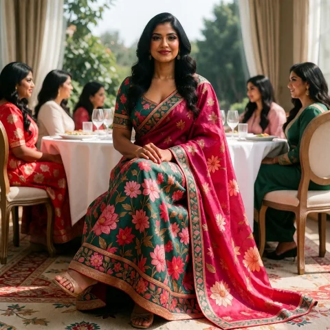 Densefloralprint, Mona-s, At A Social Gathering Wearing A Tr... — Stable Diffusion AI Prompt: DenseFloralPrint, Mona-S, at a social gathering wearing a traditional Indian out...