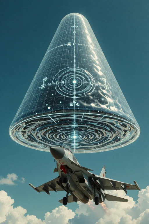 A Fighter Jet Ascends Beneath A Colossal, Translucent Radar...