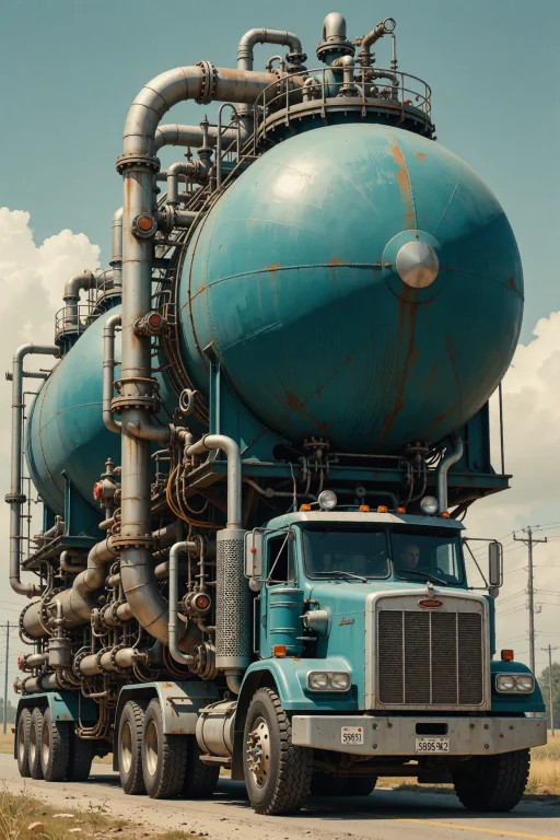 A Colossal Teal Tanker Truck Hauling Three Oversized Spheric...