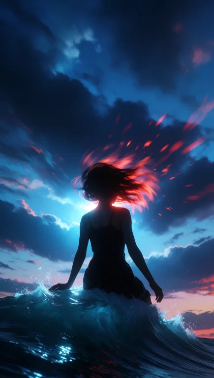 A Solitary Young Woman In Silhouette Sits Atop A Stylized Wa...