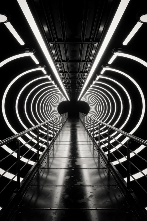 A Metallic Walkway Stretches Toward A Vanishing Point Where...