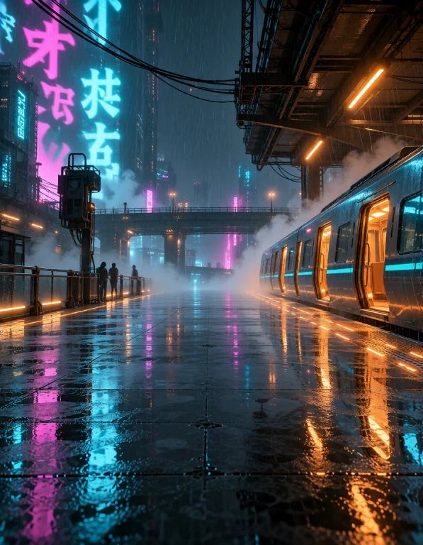 Cyb3r Qu4rt13r, Open-air Maglev Platform With A Stopped Trai...