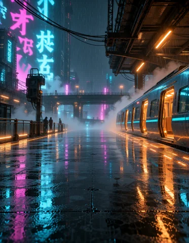 Cyb3r Qu4rt13r, Open-air Maglev Platform With A Stopped Trai... — Stable Diffusion AI Prompt: cyb3r qu4rt13r, open-air maglev platform with a stopped train and open doors, ra...