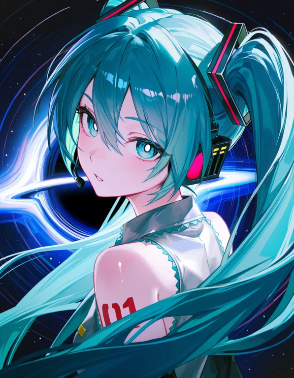 1girl,hatsune Miku,white Pupils,microphone,abstract,abstract...