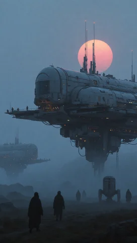 Massive Hovering Industrial Platforms Drift Over A Misty Lan... — Stable Diffusion AI Prompt: Massive hovering industrial platforms drift over a misty landscape under a dusky...