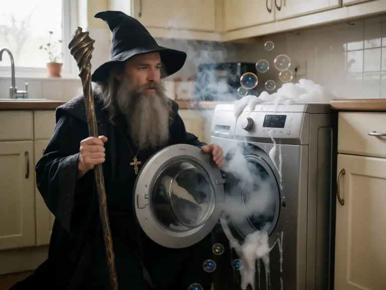 Wizard In Black Robe Hat Holding Staff Opening Washing Machi...