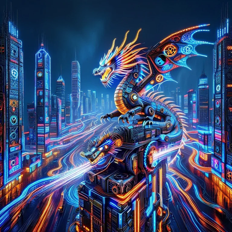 A Massive Mechanical Dragon Perched On A Cyberpunk Skyscrape...