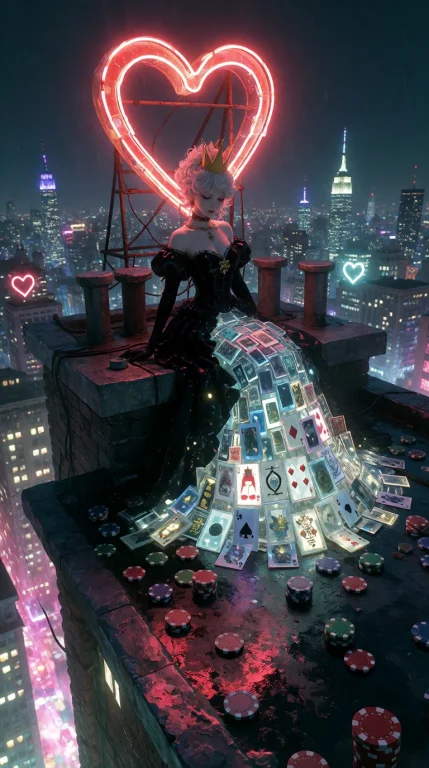 1girl, Solo, Adult, Regal Queen Seated On A Rooftop Of A Rai...