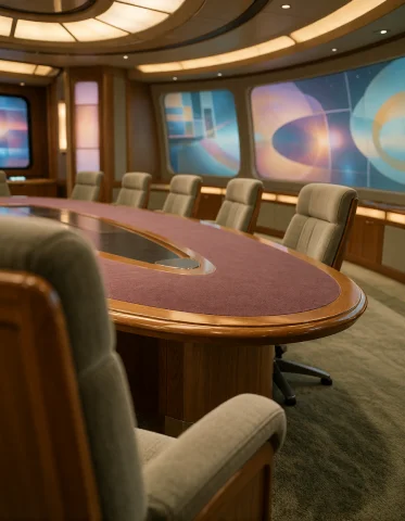 012 F3d3r4t10n Sh1p, Conference Room, Diagonal View From Beh... — Stable Diffusion AI Prompt: 012 f3d3r4t10n sh1p, conference room, diagonal view from behind chair, oval tabl...