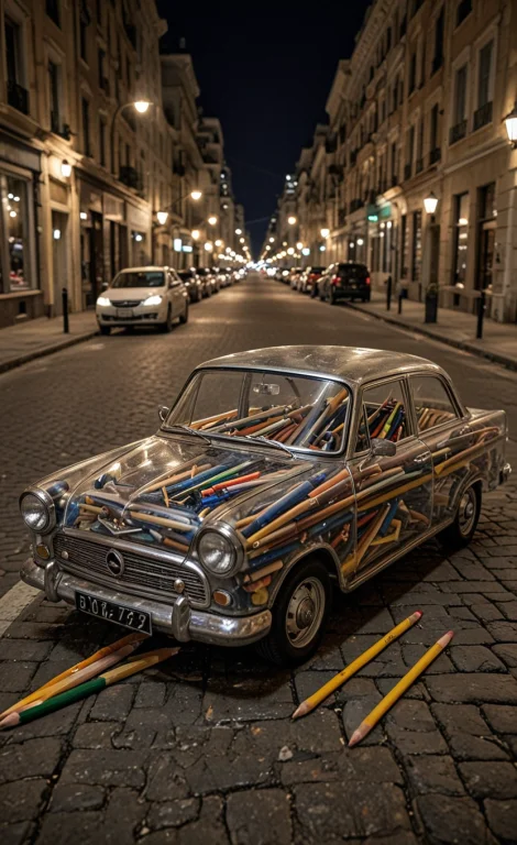 Glass Car With A Pencils Inside It, City Street, Night,