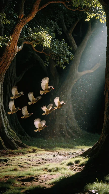 Wide Shot, Low Angle, A Group Of Seven Birds In Mid-flight O...