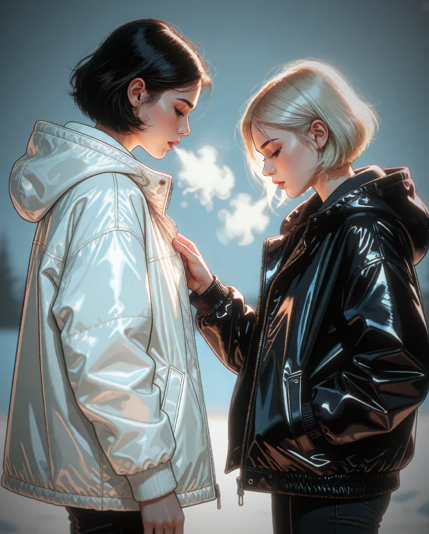 Two Figures Exchanging Jackets In The Cold, One Shrugging Ou...
