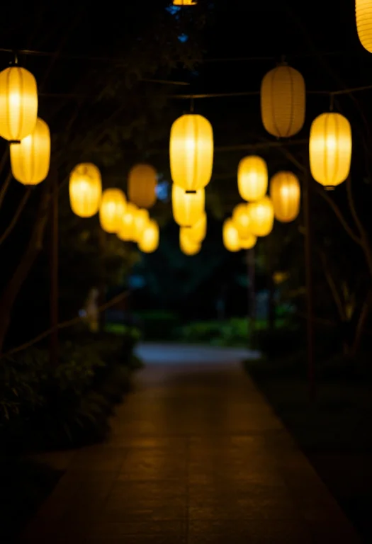 A Garden Path Glowing With Strung Paper Lanterns, Cinematic