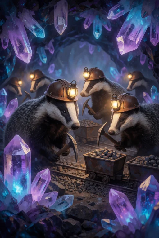 A Group Of Badgers Wearing Tiny Leather Mining Helmets With...