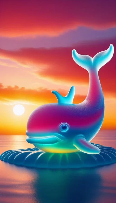 A Colossal Translucent Gummy Whale Floating Through A Sunset...