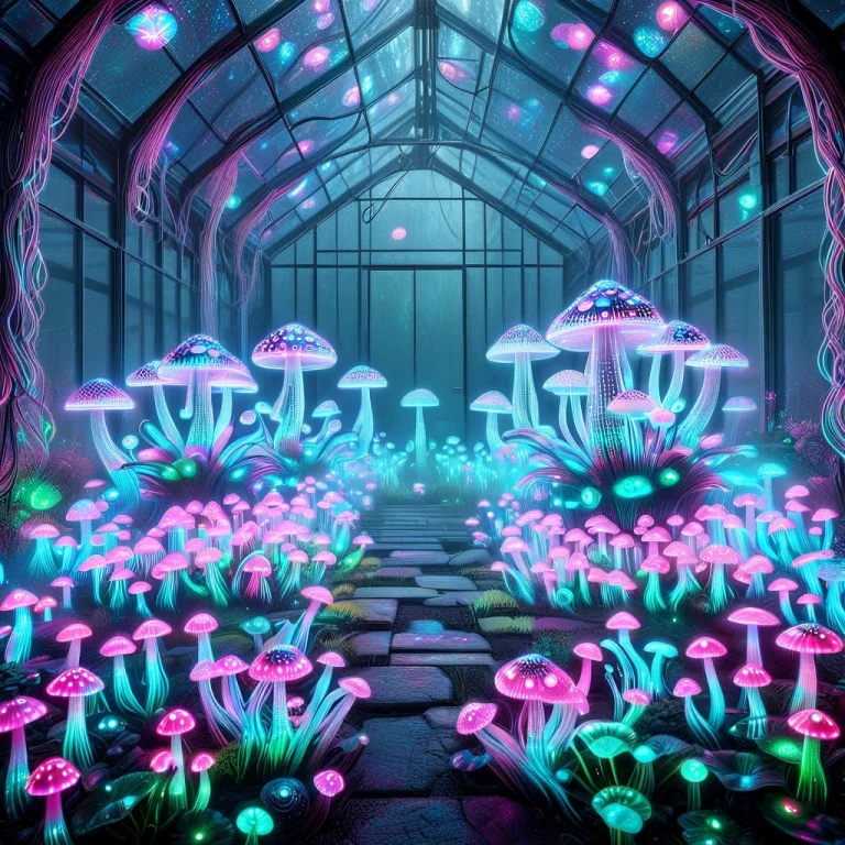 A Victorian Glass Greenhouse Glowing In The Dark, Filled Wit...