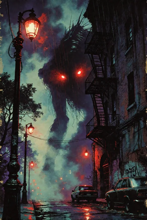 A Towering, Lovecraftian Dark Shadow Monster With Glowing Re...