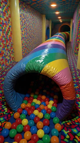 Wide-angle Eye-level View Inside A Surreal Indoor Play Corri... — Stable Diffusion AI Prompt: Wide-angle eye-level view inside a surreal indoor play corridor covered in dense...