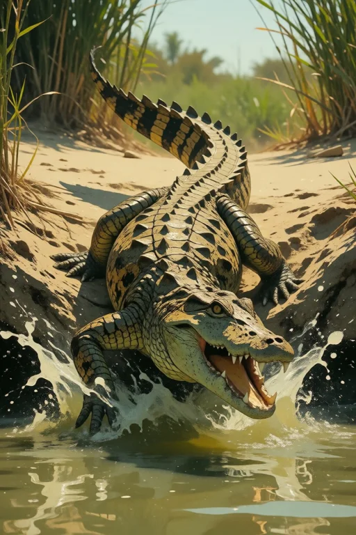 Nature, A Mugger Crocodile Lunging From A Sandbank Into The...