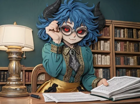 Blue Short Wild Hair, Silver Glasses, Gold And Black Trim Sh... — Stable Diffusion AI Prompt: blue short wild hair, silver glasses, gold and black trim shirt, gold and black...