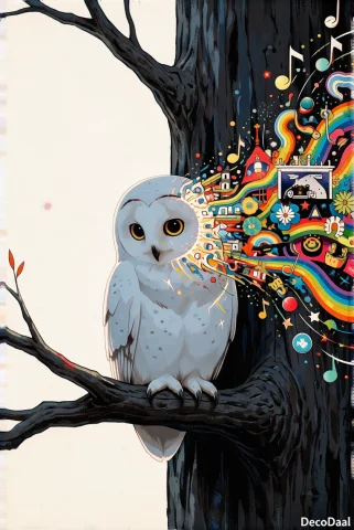 Decodaal , Close Up Nature Shot Of A Snow White Owl Sitting... — Stable Diffusion AI Prompt: DecoDaal , Close up nature shot of a snow white owl sitting on a branch of a dar...