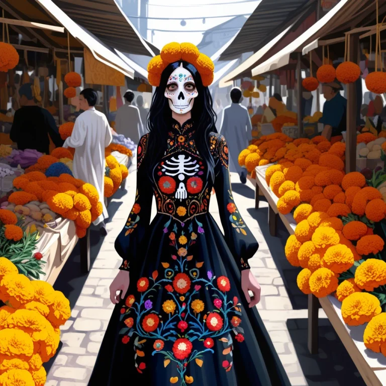A Woman With Long Black Hair With Marigolds In Her Hair, Bro...