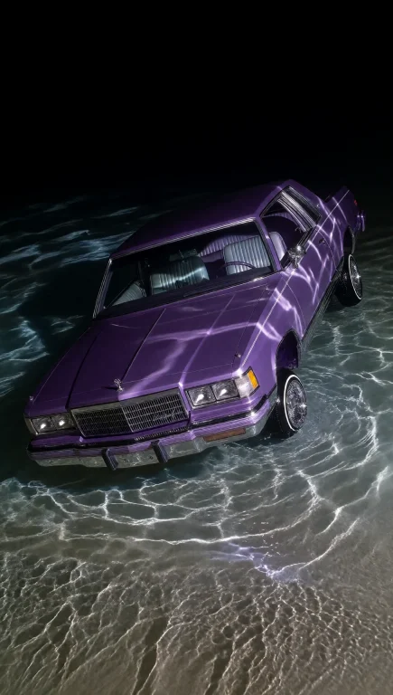Dclumnefct. Purple Lowrider Car Partially Submerged Floating...